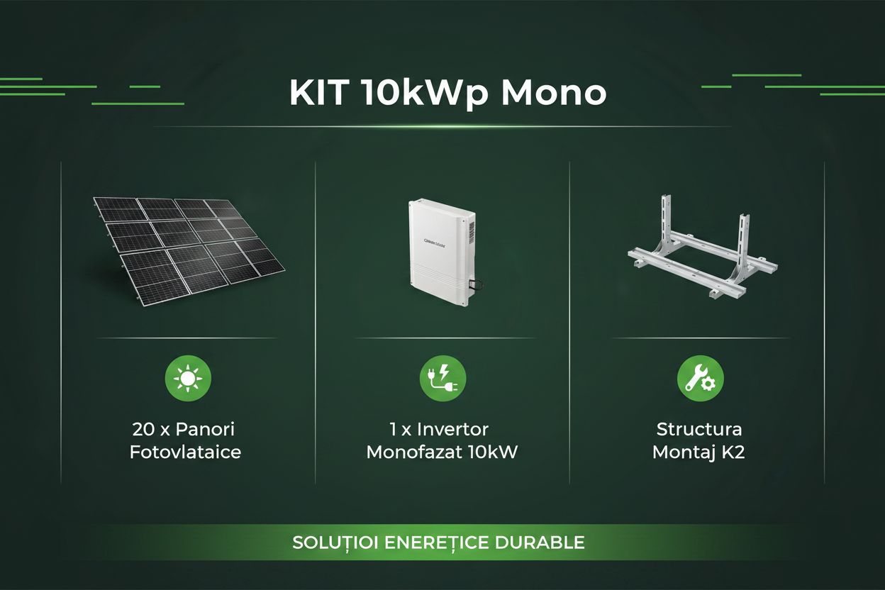 Kit fotovoltaic 10 kWp monofazat - Canadian Solar, Invertor 10kW, Structura K2