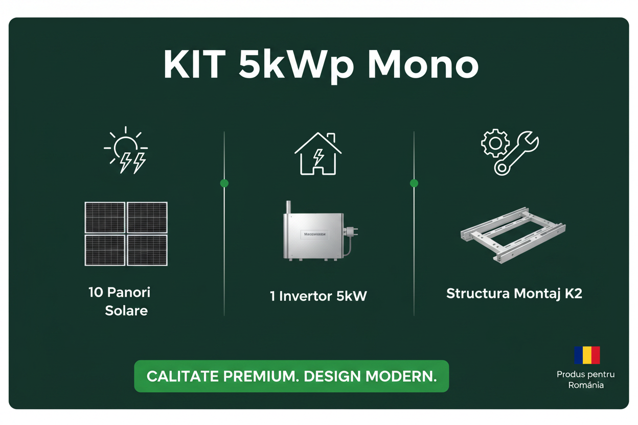 Kit fotovoltaic 5 kWp monofazat - Canadian Solar, Invertor 5kW, Structura K2